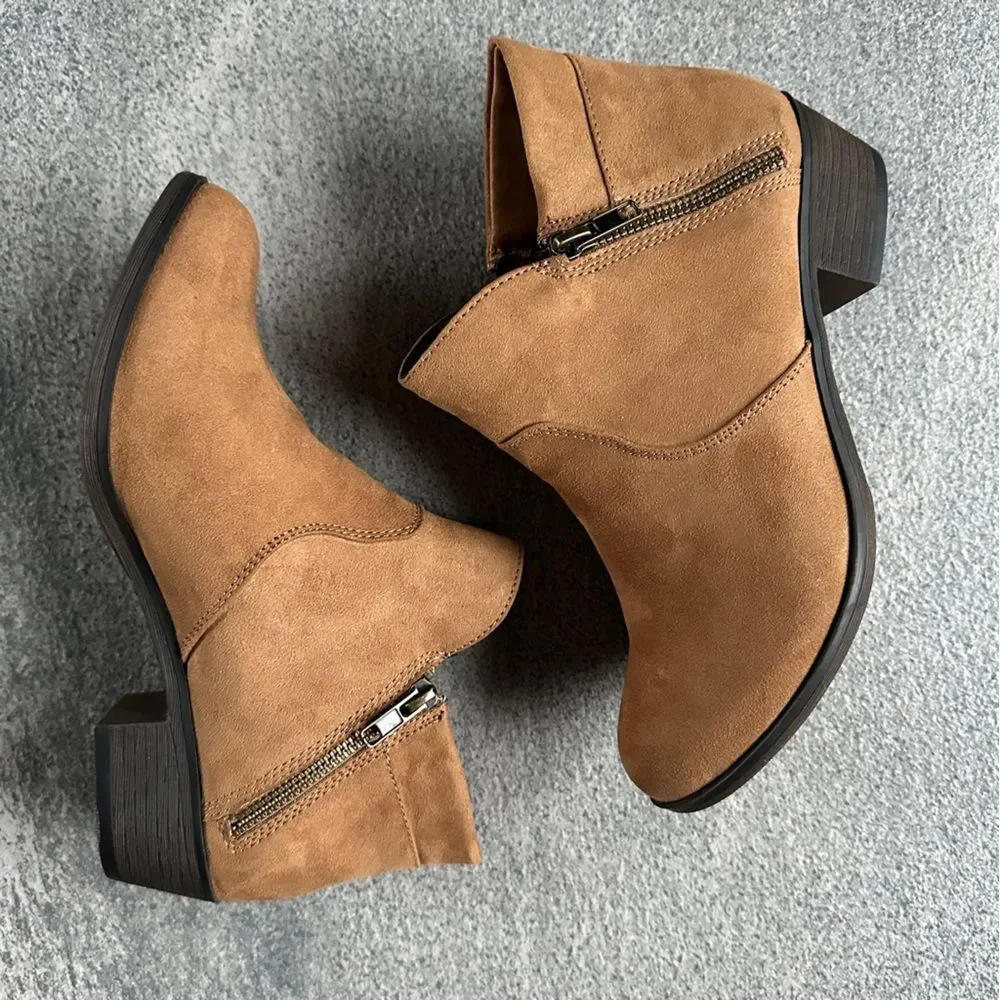 NIB Sun & Stone Abby Ankle Boot Tan Faux Suede Side Zip Booties Women's 7.5W